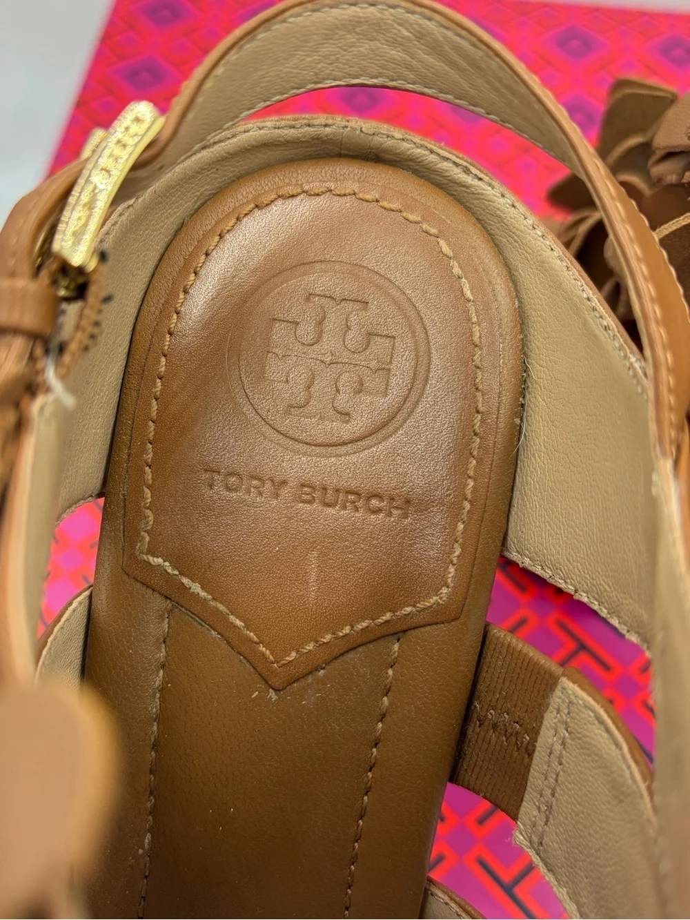 Tory Burch Brown Floral Blossom Leather Sandals with Gold Buckle Block Heels